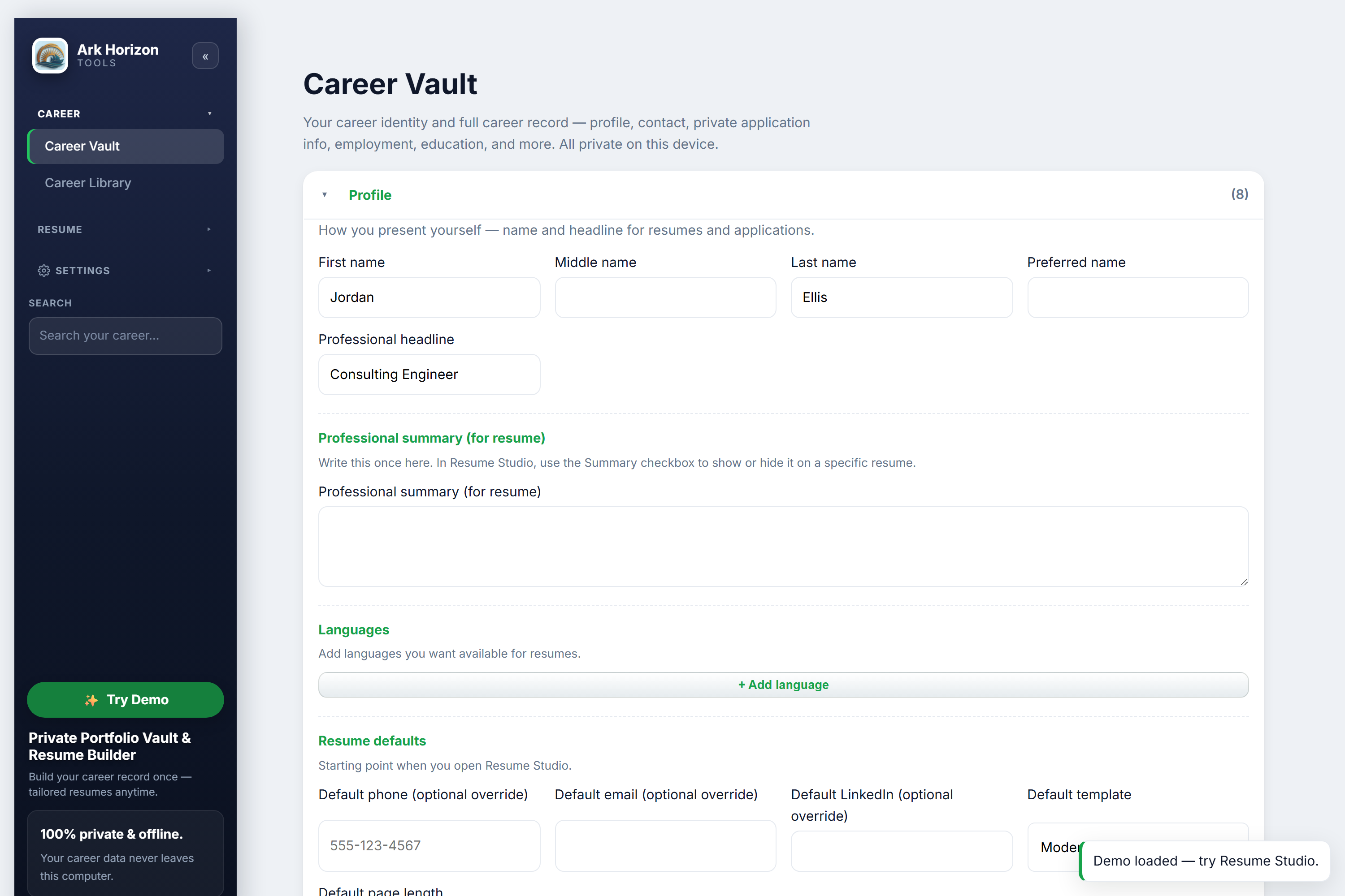 Private Portfolio Vault and Resume Builder